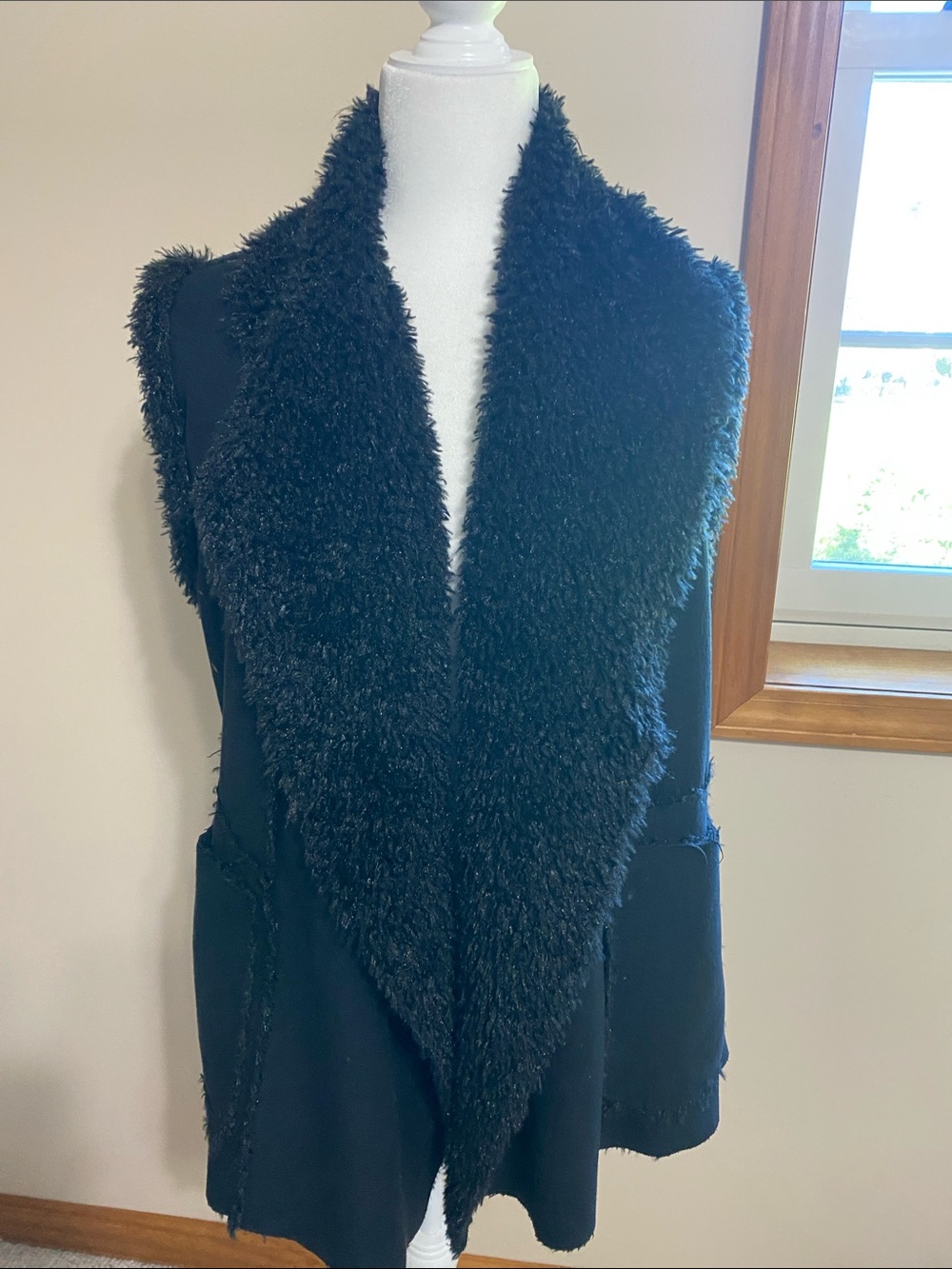 Obey Black Faux-Shearling Open Vest with Shawl Collar